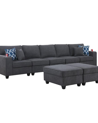 Cooper Stone Gray Woven Fabric 5-Seater Sofa with 2 Ottomans & Cupholder