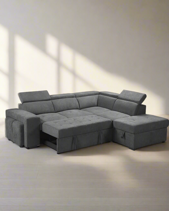 Henrik Light Gray Sleeper Sectional Sofa with Storage Ottoman and 2 Stools