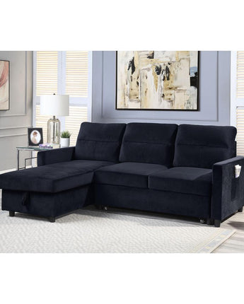 Ivy Black Velvet Reversible Sleeper Sectional Sofa with Storage Chaise and Side Pocket