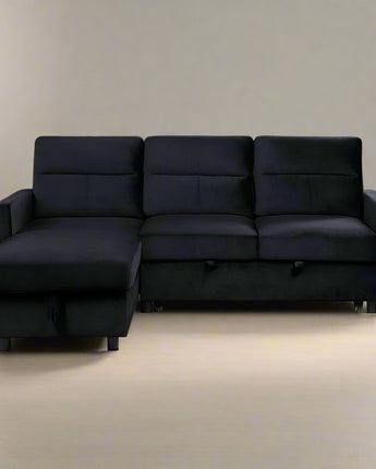 Ivy Black Velvet Reversible Sleeper Sectional Sofa with Storage Chaise and Side Pocket