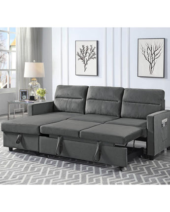 Ivy Dark Gray Velvet Reversible Sleeper Sectional Sofa with Storage Chaise and Side Pocket