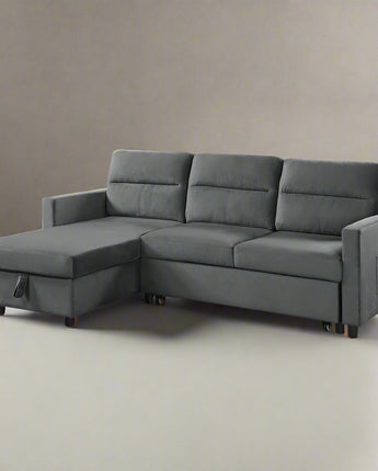 Ivy Dark Gray Velvet Reversible Sleeper Sectional Sofa with Storage Chaise and Side Pocket