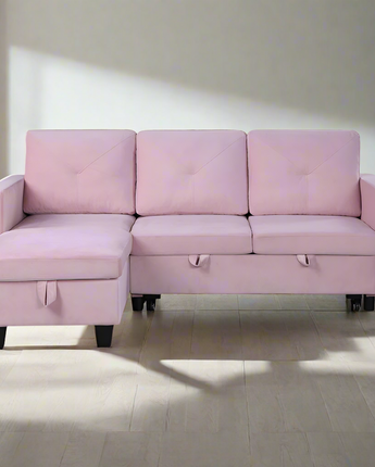 Nova Pink Velvet Reversible Sleeper Sectional Sofa with Storage Chaise