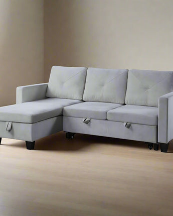 Nova Light Gray Velvet Reversible Sleeper Sectional Sofa with Storage Chaise