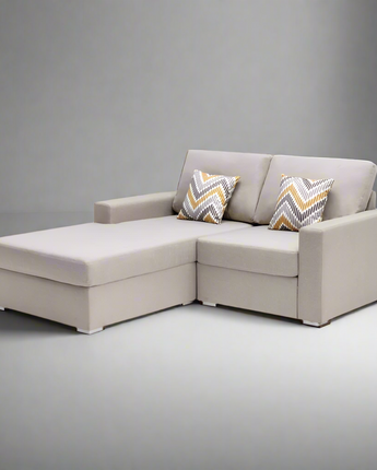 Nolan Beige Linen Fabric 2 Seater Reversible Sofa Chaise with Pillows and Interchangeable Legs