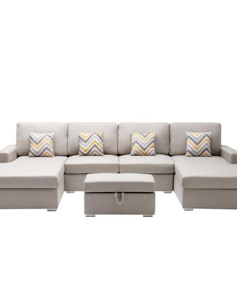 Nolan Beige Linen Fabric 5Pc Double Chaise Sectional Sofa with Interchangeable Legs, Storage Ottoman, and Pillows