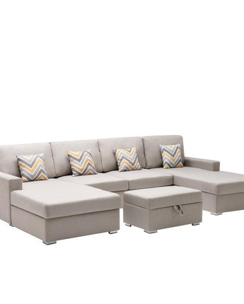 Nolan Beige Linen Fabric 5Pc Double Chaise Sectional Sofa with Interchangeable Legs, Storage Ottoman, and Pillows