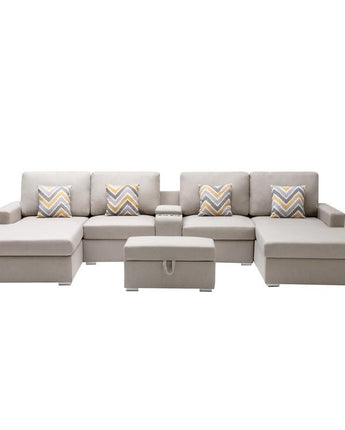 Nolan Beige Linen Fabric 6Pc Double Chaise Sectional Sofa with Interchangeable Legs, Storage Ottoman, Pillows, and a USB, Charging Ports, Cupholders, Storage Console Table