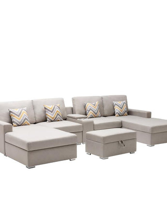 Nolan Beige Linen Fabric 6Pc Double Chaise Sectional Sofa with Interchangeable Legs, Storage Ottoman, Pillows, and a USB, Charging Ports, Cupholders, Storage Console Table