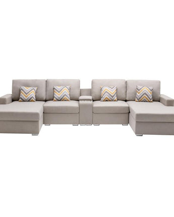 Nolan Beige Linen Fabric 5Pc Double Chaise Sectional Sofa with Interchangeable Legs, a USB, Charging Ports, Cupholders, Storage Console Table and Pillows