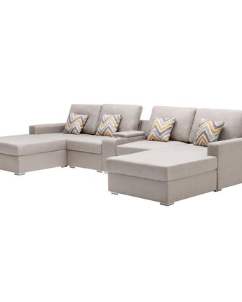 Nolan Beige Linen Fabric 5Pc Double Chaise Sectional Sofa with Interchangeable Legs, a USB, Charging Ports, Cupholders, Storage Console Table and Pillows