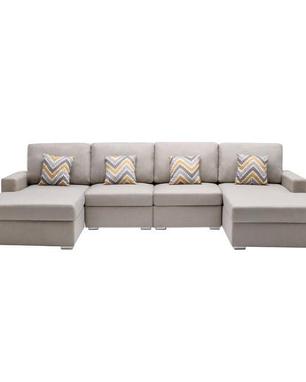 Nolan Beige Linen Fabric 4Pc Double Chaise Sectional Sofa with Pillows and Interchangeable Legs