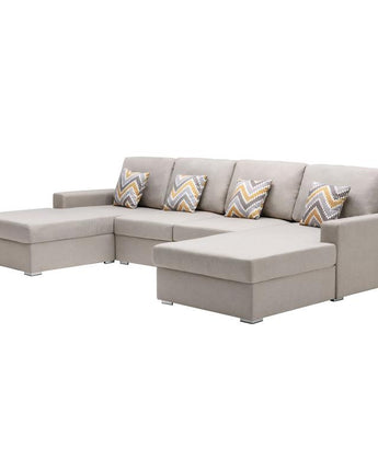 Nolan Beige Linen Fabric 4Pc Double Chaise Sectional Sofa with Pillows and Interchangeable Legs