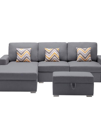 Nolan Gray Linen Fabric 4Pc Reversible Sofa Chaise with Interchangeable Legs, Storage Ottoman, and Pillows