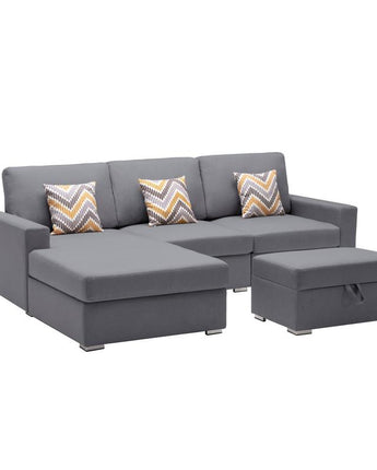 Nolan Gray Linen Fabric 4Pc Reversible Sofa Chaise with Interchangeable Legs, Storage Ottoman, and Pillows