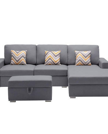 Nolan Gray Linen Fabric 4 Pc Reversible Sofa Chaise with Interchangeable Legs, Storage Ottoman, and Pillows