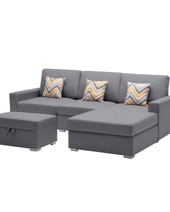 Nolan Gray Linen Fabric 4 Pc Reversible Sofa Chaise with Interchangeable Legs, Storage Ottoman, and Pillows