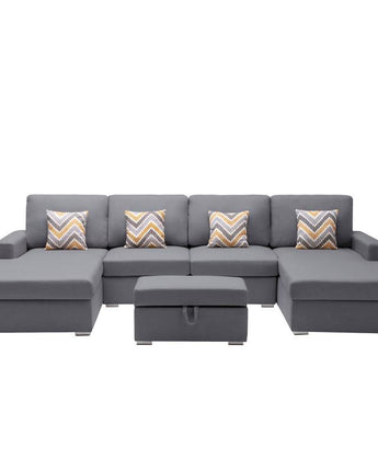 Nolan Gray Linen Fabric 5Pc Double Chaise Sectional Sofa with Interchangeable Legs, Storage Ottoman, and Pillows