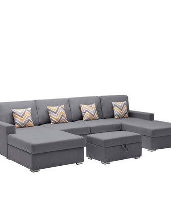 Nolan Gray Linen Fabric 5Pc Double Chaise Sectional Sofa with Interchangeable Legs, Storage Ottoman, and Pillows