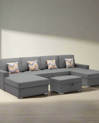 Nolan Gray Linen Fabric 5Pc Double Chaise Sectional Sofa with Interchangeable Legs, Storage Ottoman, and Pillows