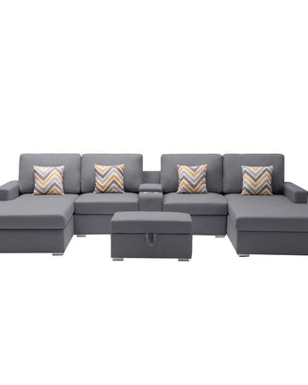 Nolan Gray Linen Fabric 6Pc Double Chaise Sectional Sofa with Interchangeable Legs, Storage Ottoman, Pillows, and a USB, Charging Ports, Cupholders, Storage Console Table