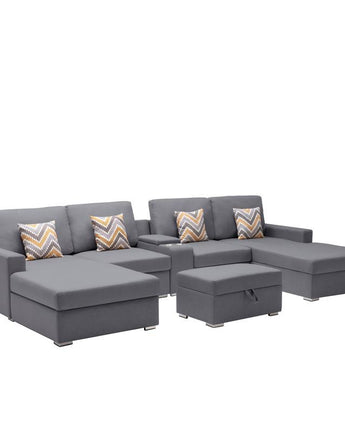 Nolan Gray Linen Fabric 6Pc Double Chaise Sectional Sofa with Interchangeable Legs, Storage Ottoman, Pillows, and a USB, Charging Ports, Cupholders, Storage Console Table