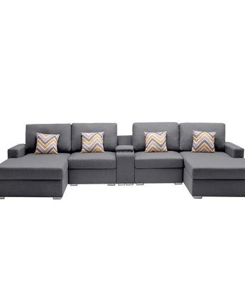 Nolan Gray Linen Fabric 5Pc Double Chaise Sectional Sofa with Interchangeable Legs, a USB, Charging Ports, Cupholders, Storage Console Table and Pillows