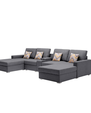 Nolan Gray Linen Fabric 5Pc Double Chaise Sectional Sofa with Interchangeable Legs, a USB, Charging Ports, Cupholders, Storage Console Table and Pillows