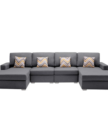 Nolan Gray Linen Fabric 4Pc Double Chaise Sectional Sofa with Pillows and Interchangeable Legs