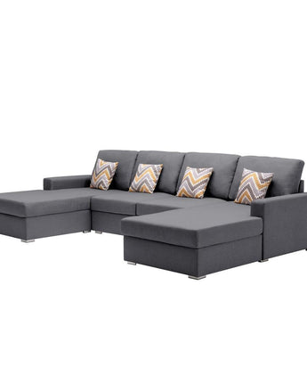 Nolan Gray Linen Fabric 4Pc Double Chaise Sectional Sofa with Pillows and Interchangeable Legs