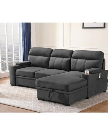 Kaden Gray Fabric Sleeper Sectional Sofa Chaise with Storage Arms and Cupholder