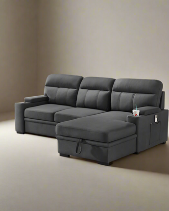 Kaden Gray Fabric Sleeper Sectional Sofa Chaise with Storage Arms and Cupholder