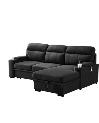 Kaden Black Fabric Sleeper Sectional Sofa Chaise with Storage Arms and Cupholder