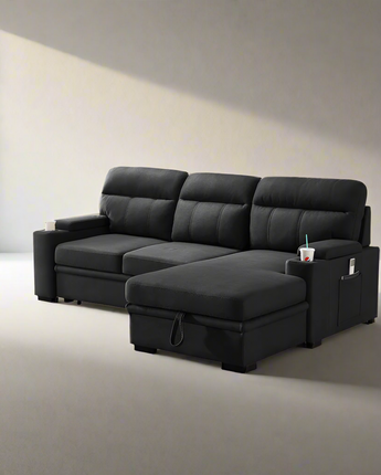 Kaden Black Fabric Sleeper Sectional Sofa Chaise with Storage Arms and Cupholder