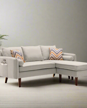 Mia Beige Sectional Sofa Chaise with USB Charger & Pillows