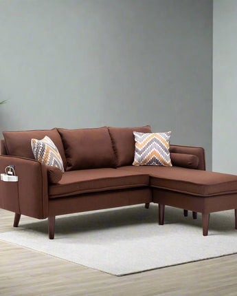 Mia Brown Sectional Sofa Chaise with USB Charger & Pillows