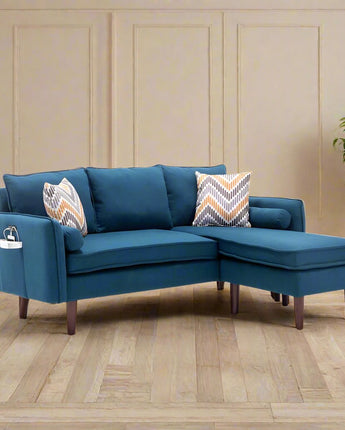 Mia Blue Sectional Sofa Chaise with USB Charger & Pillows