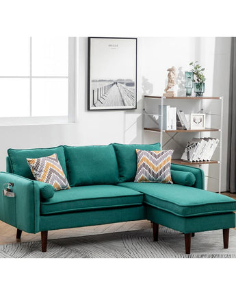 Mia Green Sectional Sofa Chaise with USB Charger & Pillows