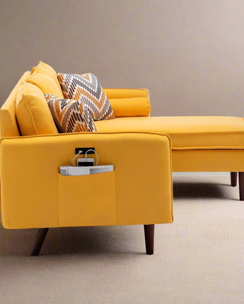 Mia Yellow Sectional Sofa Chaise with USB Charger & Pillows