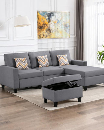 Nolan Gray Linen Fabric 4 Pc Reversible Sofa Chaise with Interchangeable Legs, Storage Ottoman, and Pillows