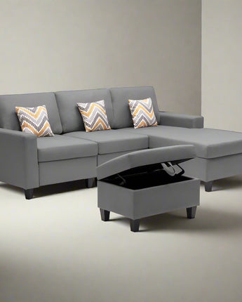 Nolan Gray Linen Fabric 4 Pc Reversible Sofa Chaise with Interchangeable Legs, Storage Ottoman, and Pillows