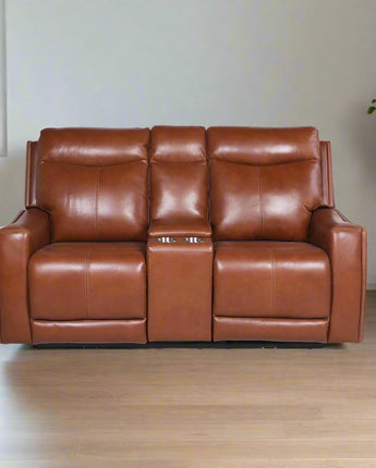 Natalia Power Loveseat Console Recliner - Caramel Leather