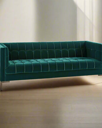 Isaac Channel Stitch Green Velvet Sofa