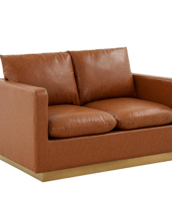 LeisureMod Nervo Modern Mid-Century Upholstered Leather Loveseat with Gold Frame, Cognac Tan