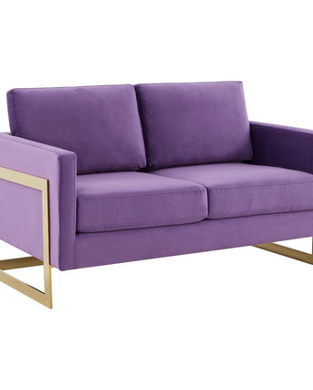 LeisureMod Lincoln Modern Mid-Century Upholstered Velvet Loveseat with Gold Frame, Purple