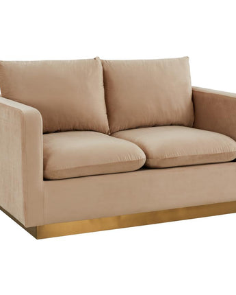 LeisureMod Nervo Modern Mid-Century Upholstered Velvet Loveseat with Gold Frame, Beige