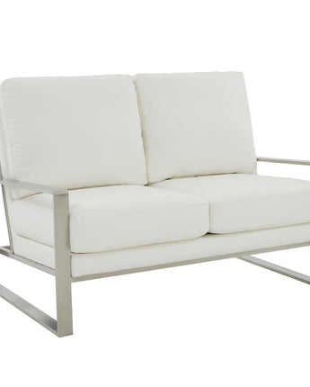 Leisuremod Jefferson Contemporary Modern Faux Leather Loveseat With Silver Frame, White