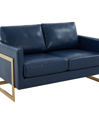 LeisureMod Lincoln Modern Mid-Century Upholstered Leather Loveseat with Gold Frame, Navy Blue