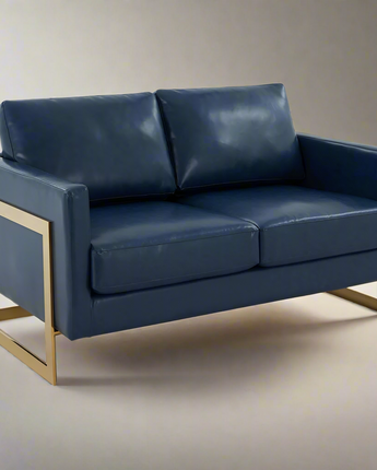 LeisureMod Lincoln Modern Mid-Century Upholstered Leather Loveseat with Gold Frame, Navy Blue