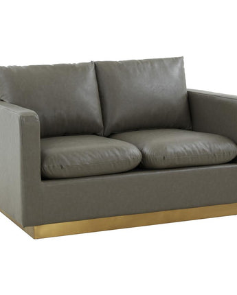 LeisureMod Nervo Modern Mid-Century Upholstered Leather Loveseat with Gold Frame, Grey